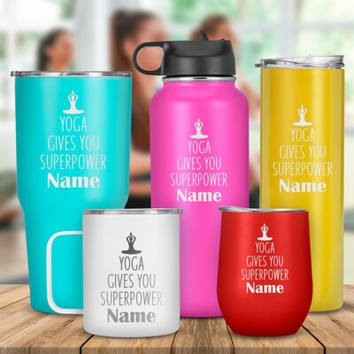 Customized Name Yoga Gives You Superpower Tumbler Cup, Laser Engraved  Double Insulated Travel Mug Gift For Him, Her, Men, Women, Yoga Lovers
